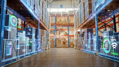 Modern warehouse interior with digital overlay showing storage shelves, green efficiency indicators, and networked connectivity icons