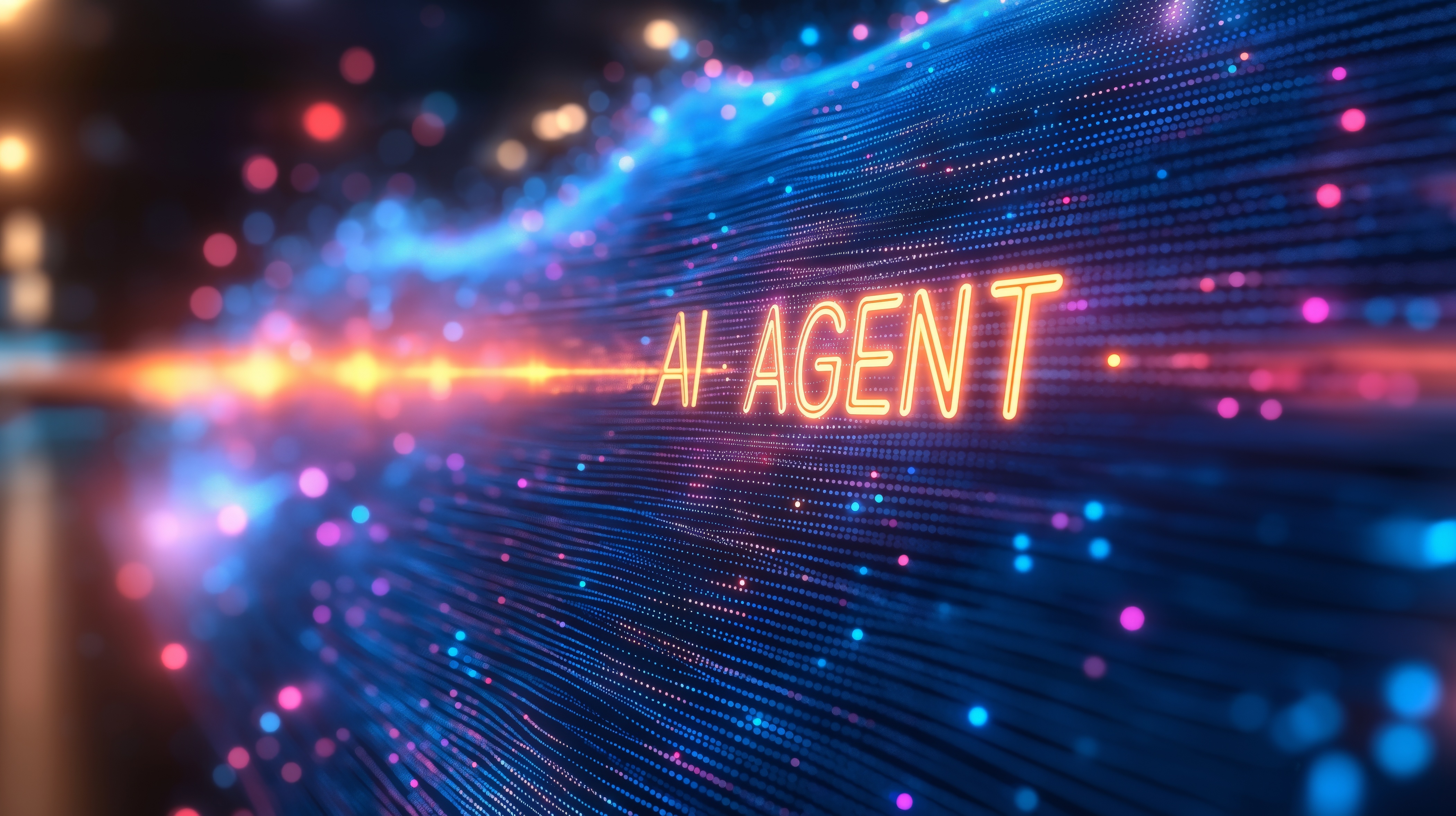 Neon glowing 'AI AGENT' text on digital blue and pink particle background with light effects