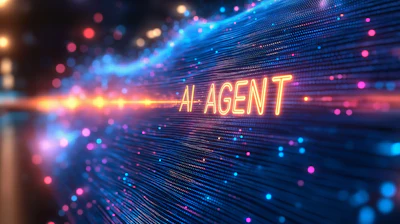 Neon glowing 'AI AGENT' text on digital blue and pink particle background with light effects