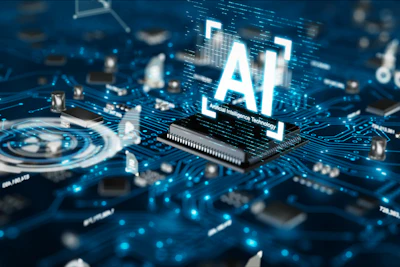 Glowing AI text on microchip with circuit board and digital network connections in blue neon theme