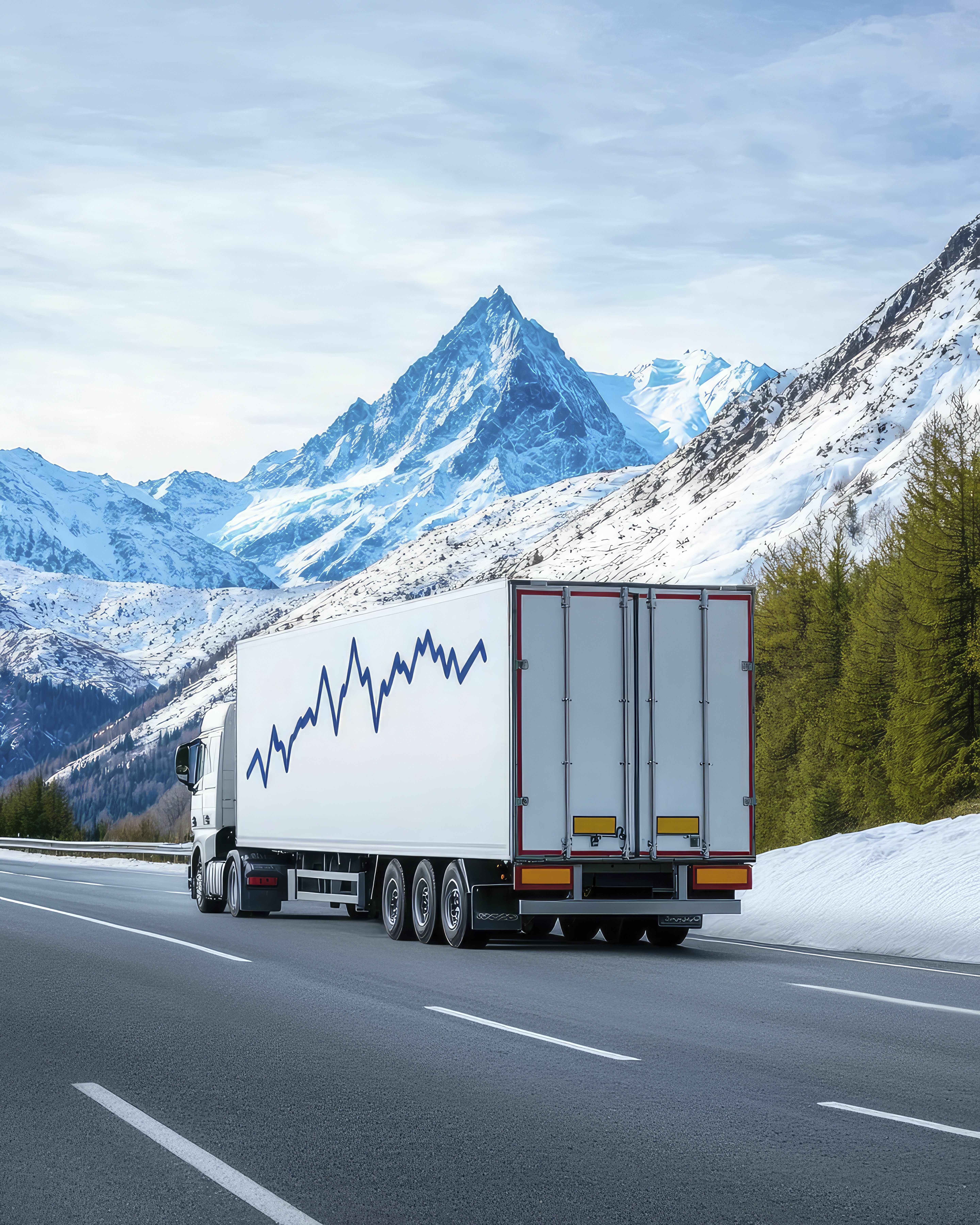 White cargo truck with upward trending graph on snowy mountain highway surrounded by alpine peaks and evergreen trees