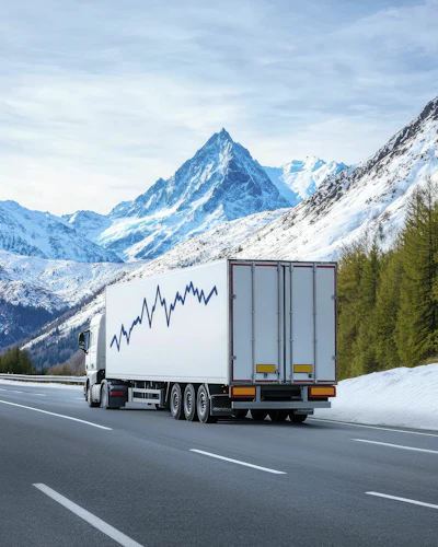 White cargo truck with upward trending graph on snowy mountain highway surrounded by alpine peaks and evergreen trees
