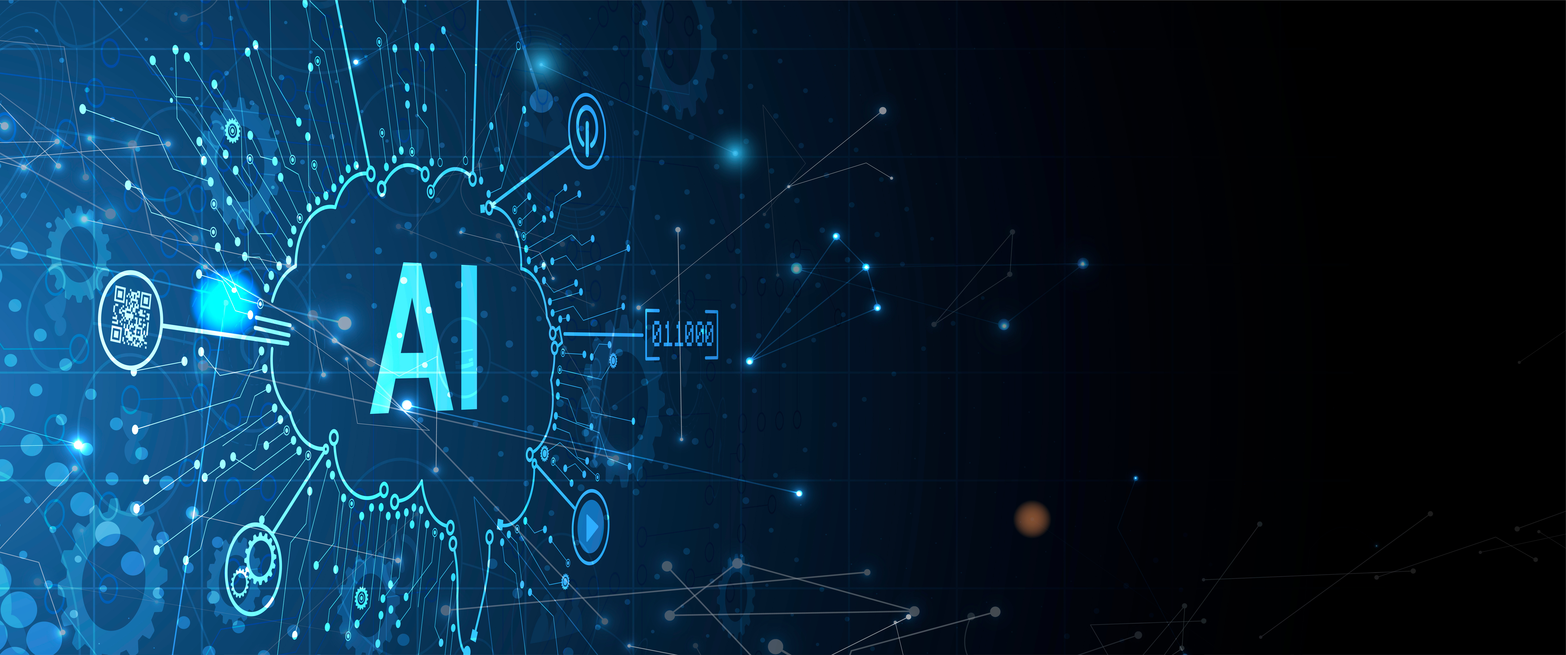 Abstract AI technology illustration with cyan circuit patterns and neural network connections on dark blue background
