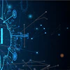 Abstract AI technology illustration with cyan circuit patterns and neural network connections on dark blue background