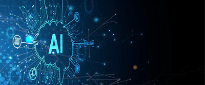 Abstract AI technology illustration with cyan circuit patterns and neural network connections on dark blue background