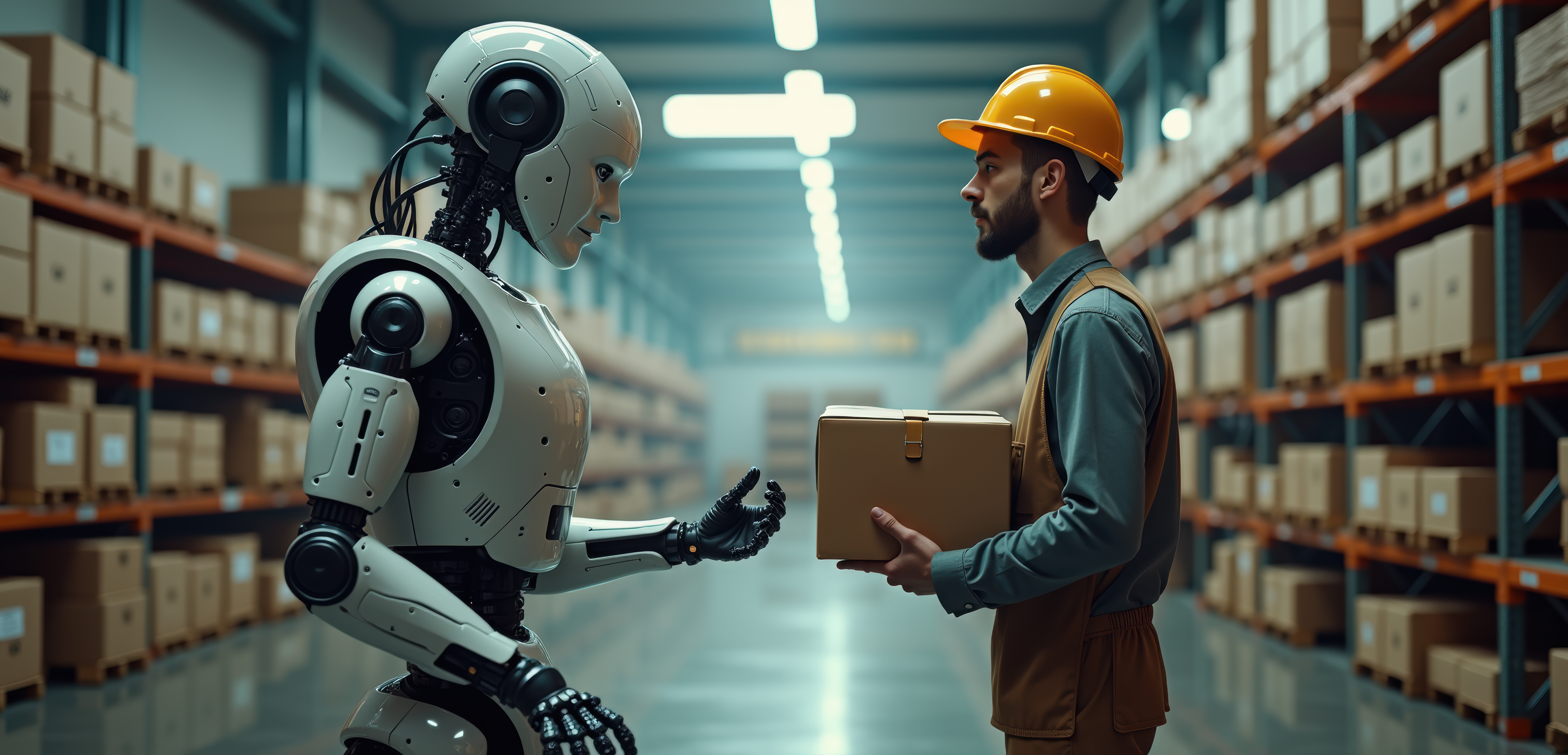 Robot and worker exchange cardboard box in warehouse with shelving and fluorescent lighting