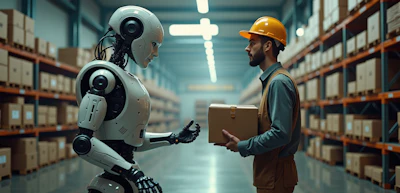 Robot and worker exchange cardboard box in warehouse with shelving and fluorescent lighting