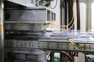 Industrial CNC machine or 3D printer with metal frame, control panel buttons, and yellow wiring in workshop setting