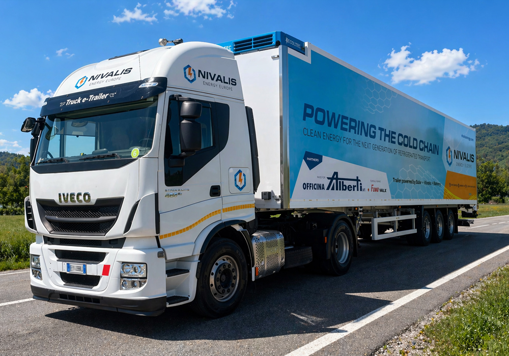 White IVECO refrigerated truck branded with NIVALIS cold chain logistics company branding, parked on a rural road with green landscape and blue sky.