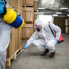 Worker in white protective suit and respirator spraying treatment on warehouse boxes