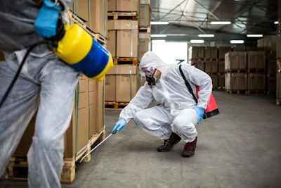 Worker in white protective suit and respirator spraying treatment on warehouse boxes