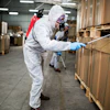 Worker in white protective suit spraying disinfectant on cardboard boxes in warehouse facility
