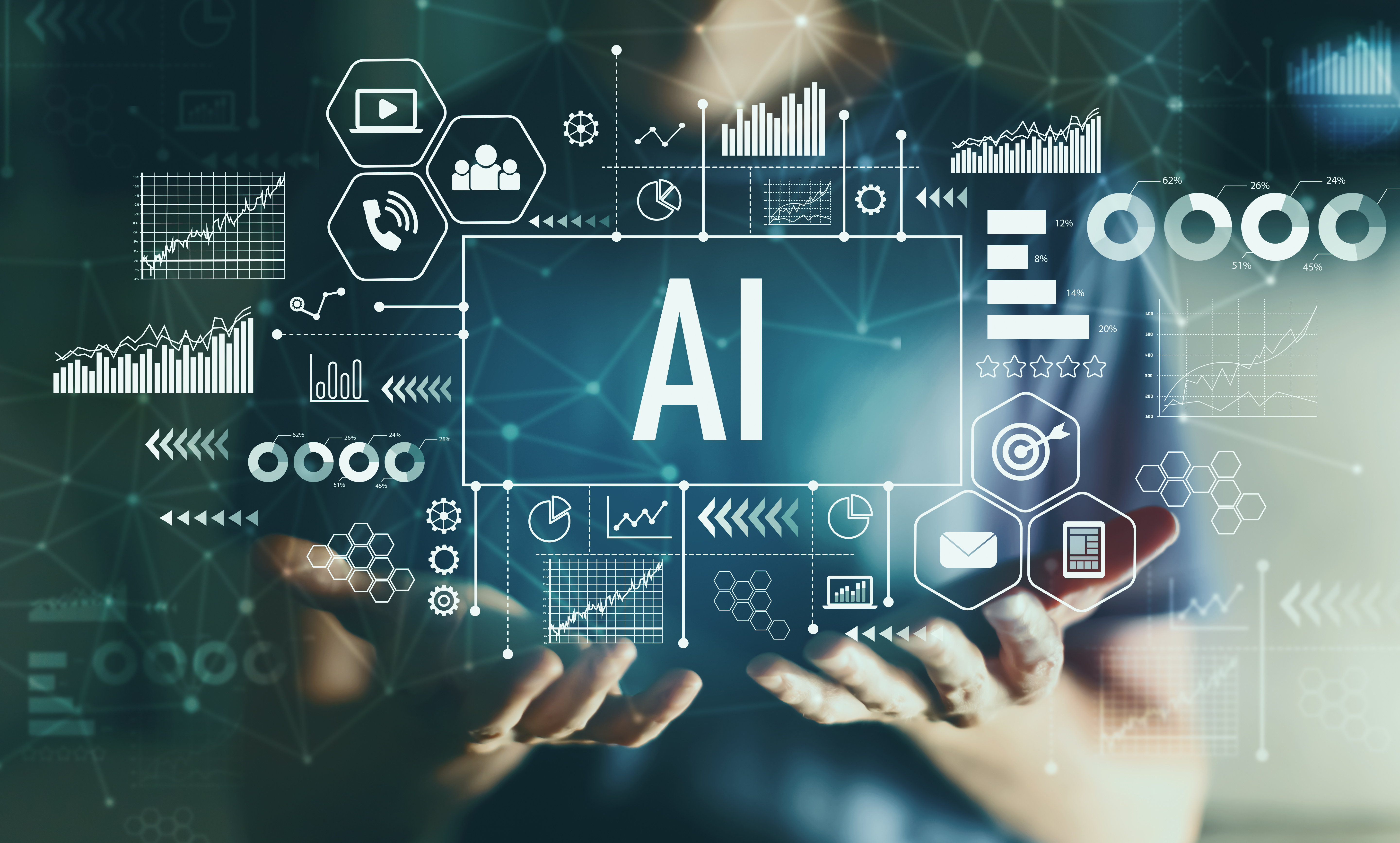 Hands holding holographic AI interface with data analytics charts, graphs, and technology icons on digital network background