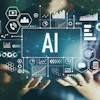 Hands holding holographic AI interface with data analytics charts, graphs, and technology icons on digital network background