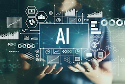 Hands holding holographic AI interface with data analytics charts, graphs, and technology icons on digital network background