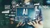 Hands holding holographic AI interface with data analytics charts, graphs, and technology icons on digital network background