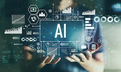 Hands holding holographic AI interface with data analytics charts, graphs, and technology icons on digital network background