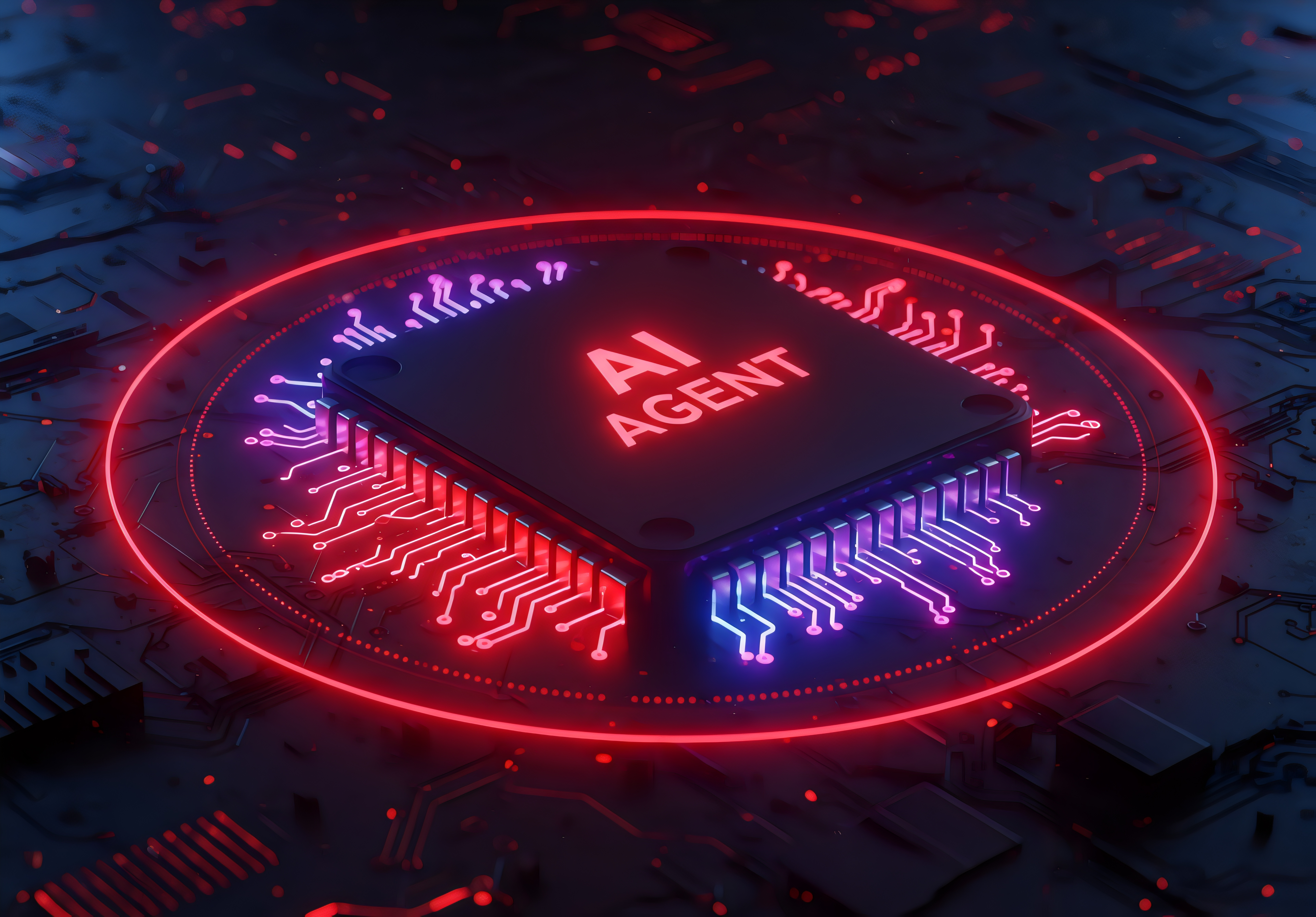 Neon-lit 3D AI Agent chip with glowing red and blue circuit patterns on dark tech background