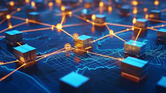 Digital supply chain network visualization with glowing shipping containers connected by illuminated lines on blue grid background