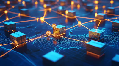 Digital supply chain network visualization with glowing shipping containers connected by illuminated lines on blue grid background