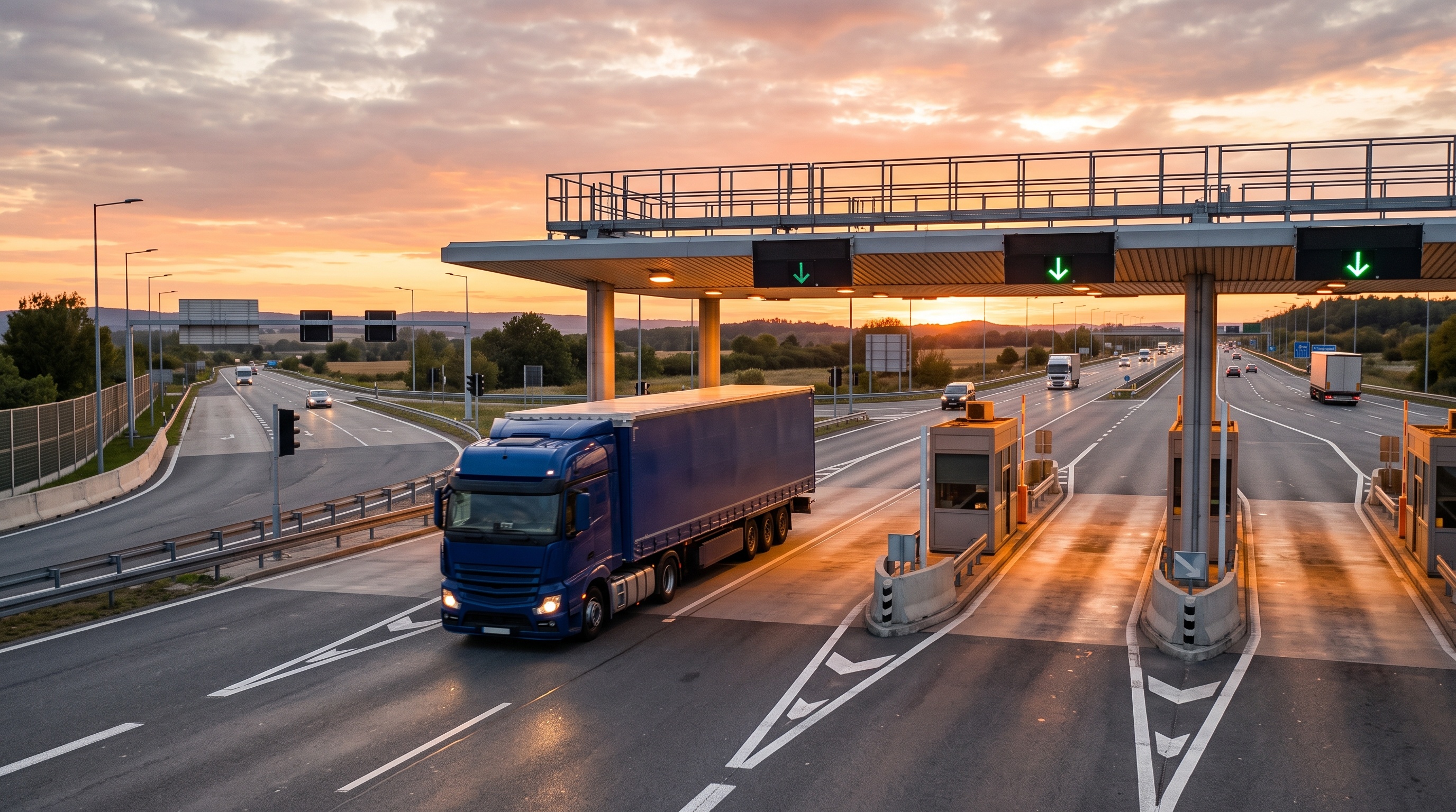 Trucks passing through highway toll booths at sunset with overpass and multiple lanes