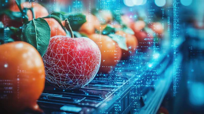 Red apple with digital wireframe overlay on circuit board background representing technology and agriculture integration