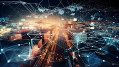 Digital illustration of smart city network with shipping containers, urban infrastructure, and interconnected data nodes in blue and orange tones