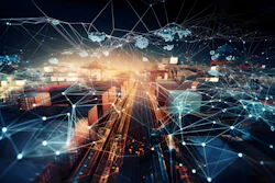 Digital illustration of smart city network with shipping containers, urban infrastructure, and interconnected data nodes in blue and orange tones