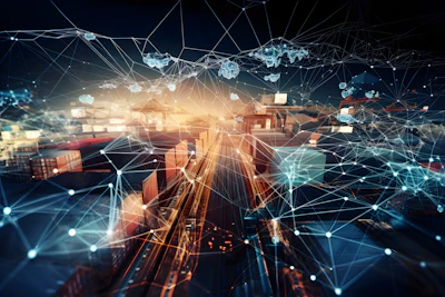 Digital illustration of smart city network with shipping containers, urban infrastructure, and interconnected data nodes in blue and orange tones