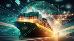 Digital illustration of a cargo ship loaded with containers surrounded by glowing network connections and logistics icons representing global trade and supply chain technology.