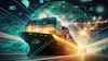 Digital illustration of a cargo ship loaded with containers surrounded by glowing network connections and logistics icons representing global trade and supply chain technology.