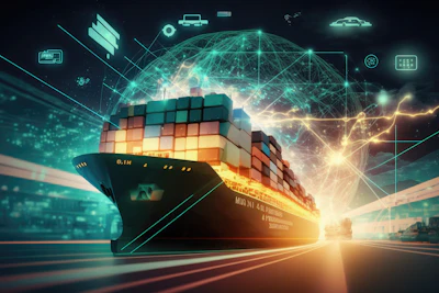 Digital illustration of a cargo ship loaded with containers surrounded by glowing network connections and logistics icons representing global trade and supply chain technology.
