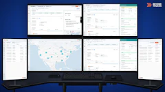 Multiple dashboard screens displaying logistics and fleet management software with Beyond Trucks branding