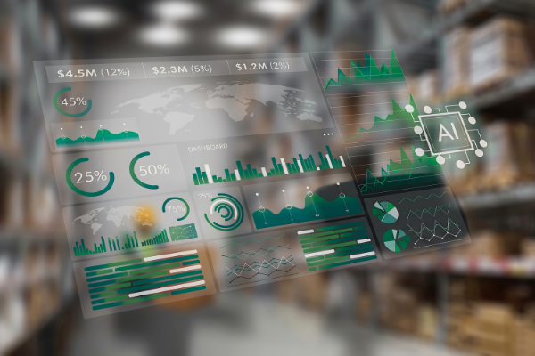 Digital analytics dashboard with financial metrics, charts, and AI technology icon overlaid on warehouse background