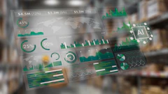 Digital analytics dashboard with financial metrics, charts, and AI technology icon overlaid on warehouse background