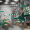 Digital analytics dashboard with financial metrics, charts, and AI technology icon overlaid on warehouse background