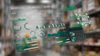 Digital analytics dashboard with financial metrics, charts, and AI technology icon overlaid on warehouse background
