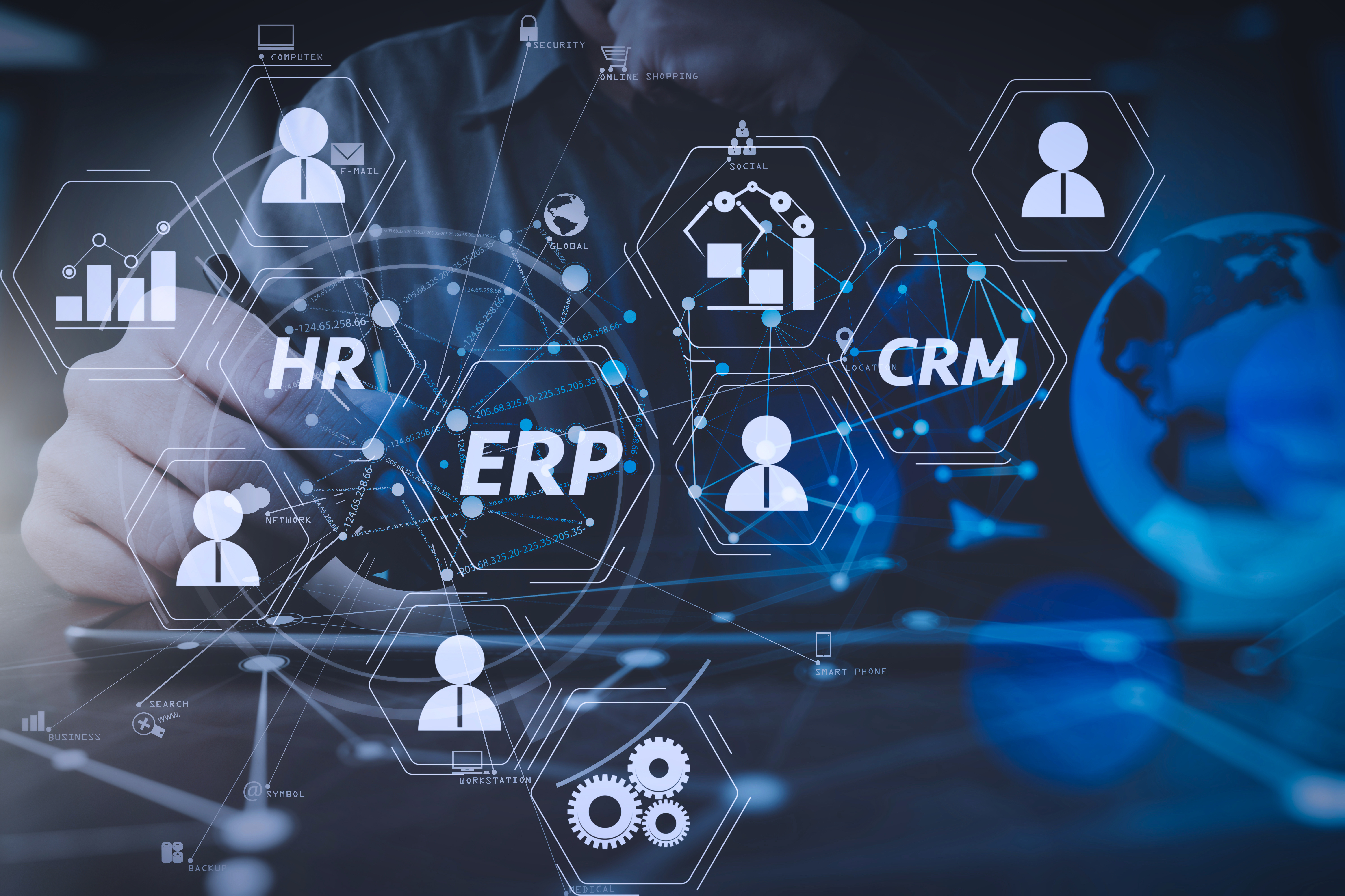 Digital illustration of interconnected enterprise systems showing HR, ERP, and CRM modules with user icons and network connections on a blue tech background