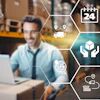 Man working on laptop in warehouse with supply chain logistics icons representing delivery, tracking, and quality management