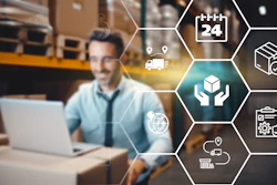 Man working on laptop in warehouse with supply chain logistics icons representing delivery, tracking, and quality management
