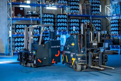 GIDEON branded forklifts displayed in a modern blue-lit warehouse with stacked plastic crates
