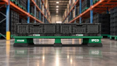 IFCO green plastic pallet with server equipment in warehouse with orange racking
