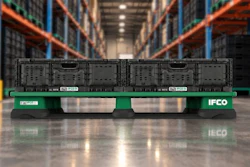 IFCO green plastic pallet with server equipment in warehouse with orange racking