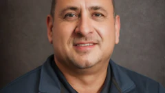 Professional headshot of man in navy Advantive branded jacket against gray background
