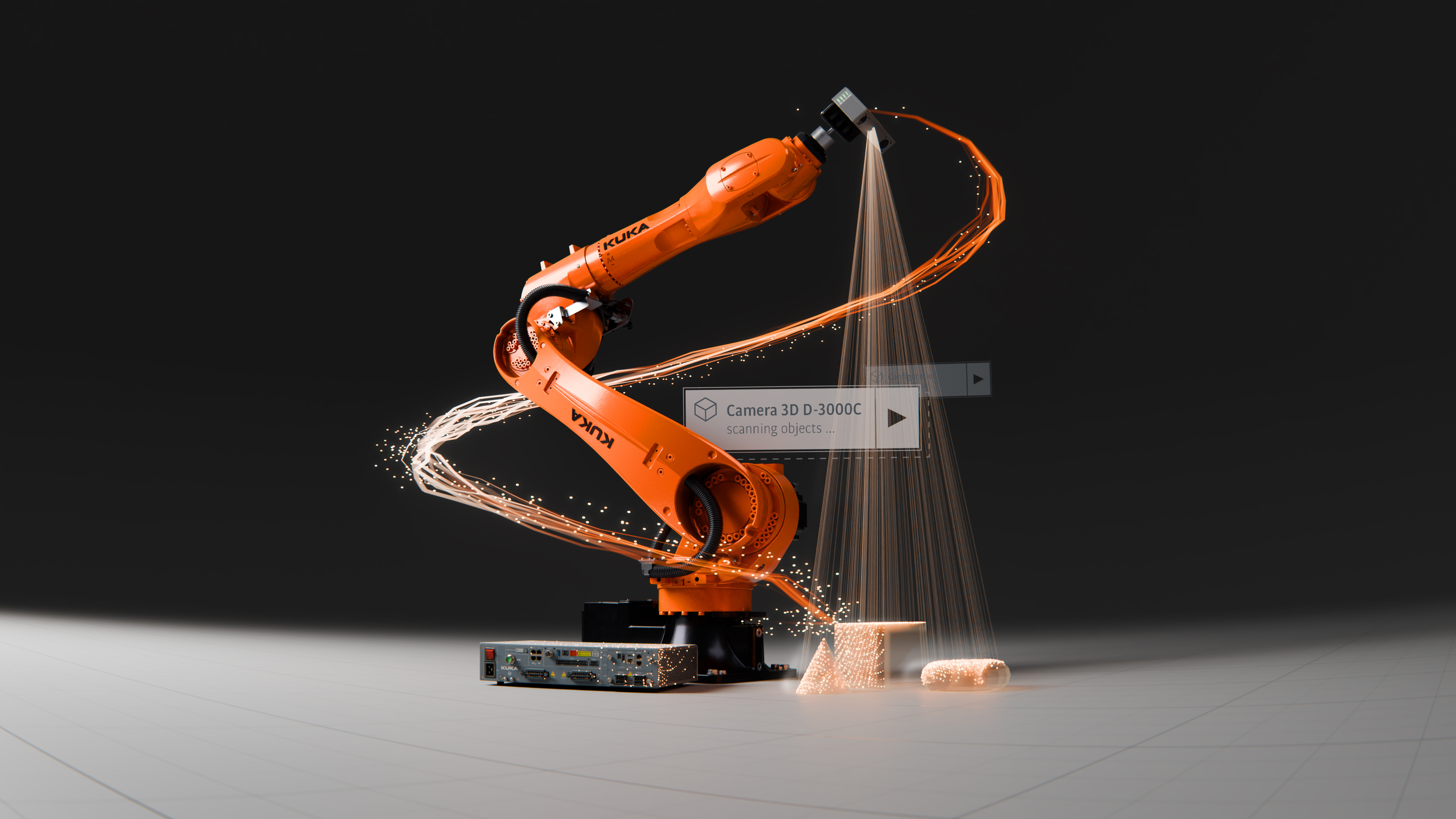 KUKA industrial robotic arm performing dynamic welding motion with sparks and light effects against dark background