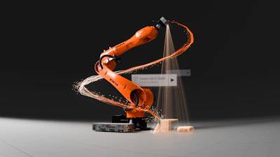 KUKA industrial robotic arm performing dynamic welding motion with sparks and light effects against dark background