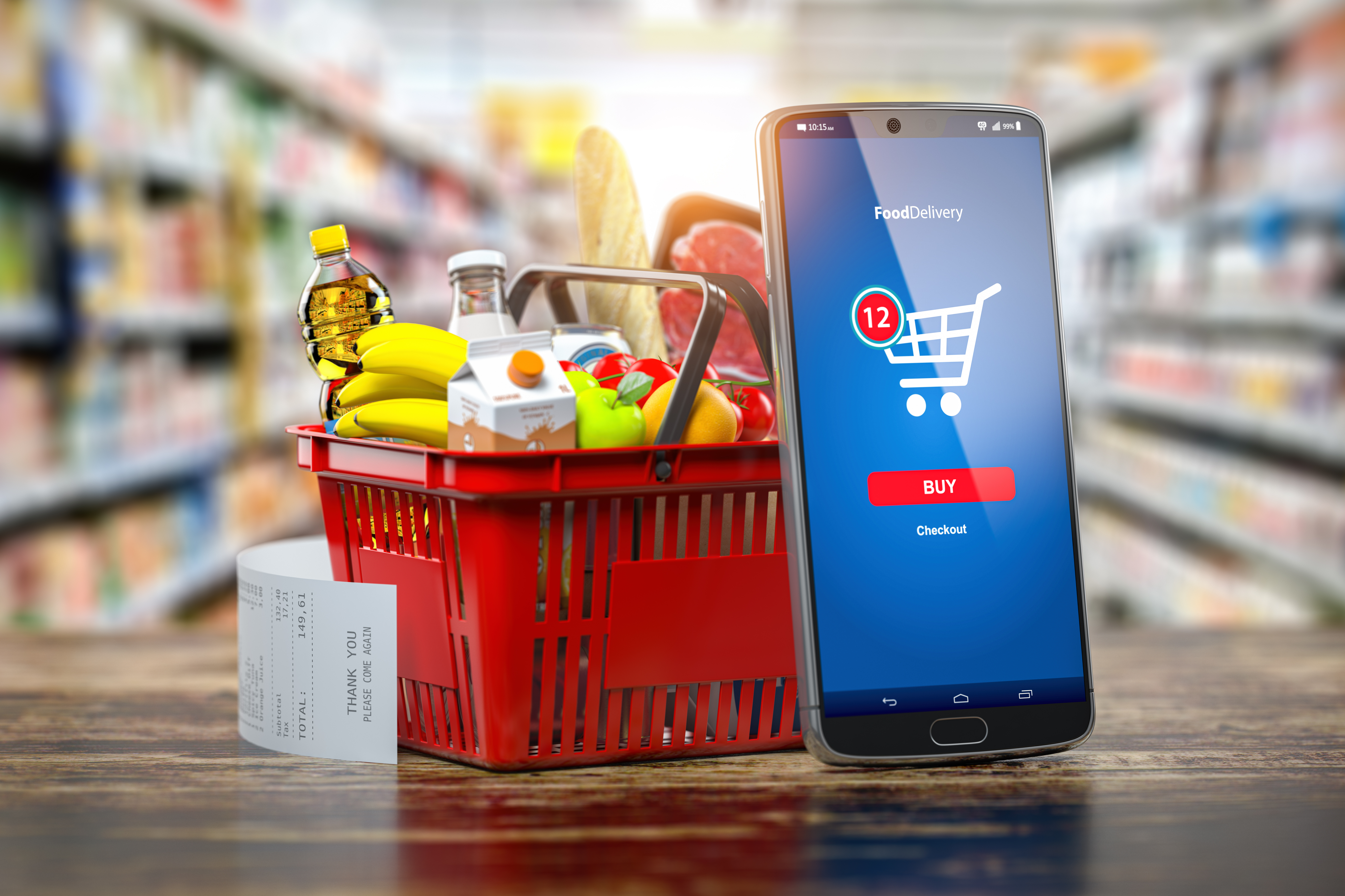 Mobile food delivery app interface on smartphone next to red shopping basket with groceries and receipt in supermarket setting