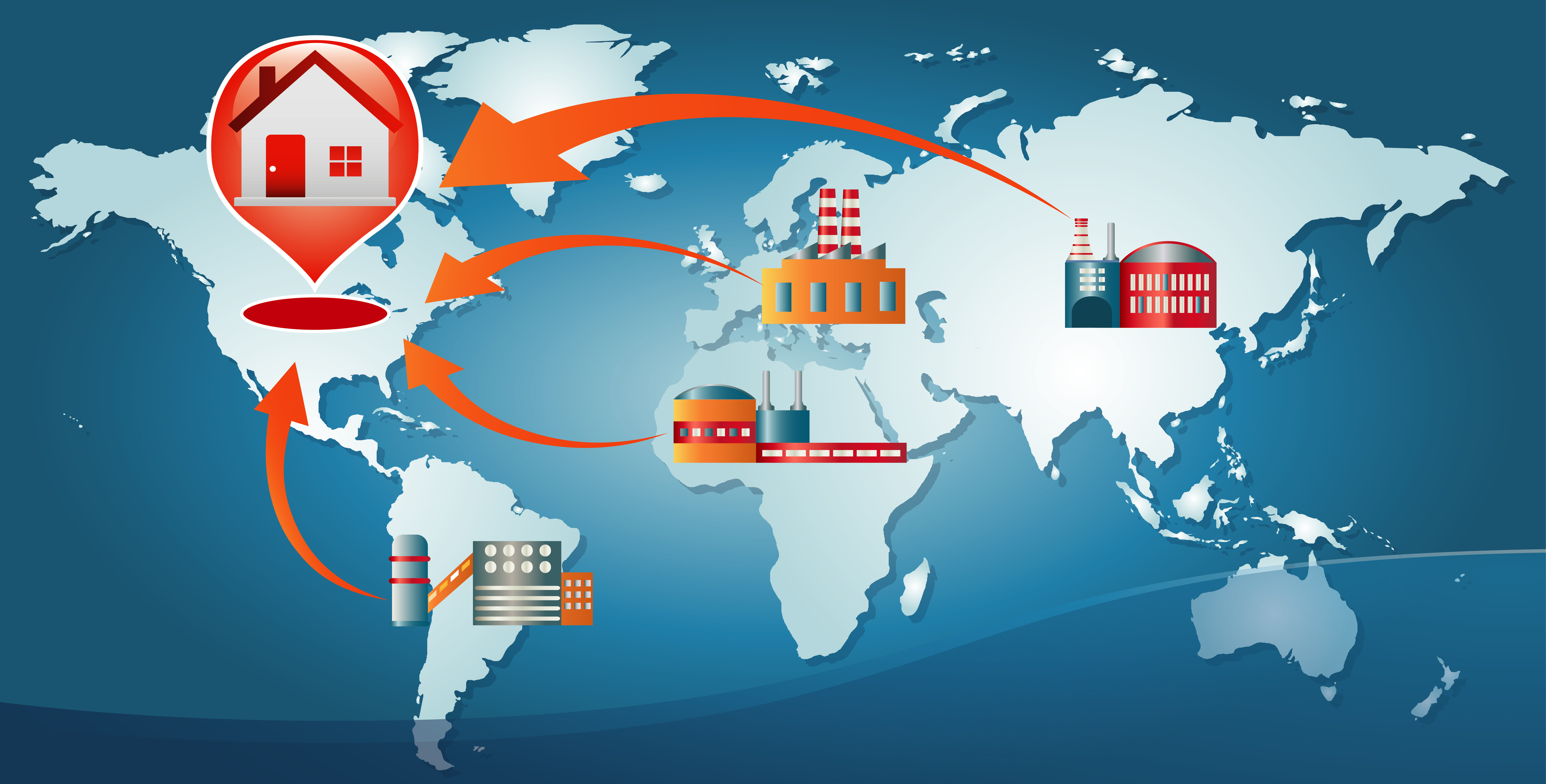 Global supply chain network showing shipping routes and warehouses connecting continents on a world map