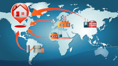 Global supply chain network showing shipping routes and warehouses connecting continents on a world map