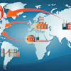 Global supply chain network showing shipping routes and warehouses connecting continents on a world map